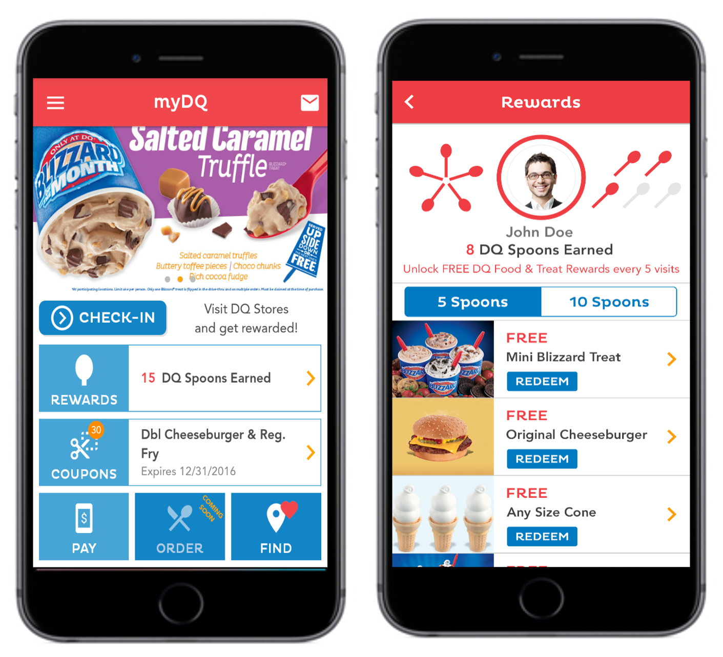 Dairy Queen myDQ mobile app showing the home and rewards screens