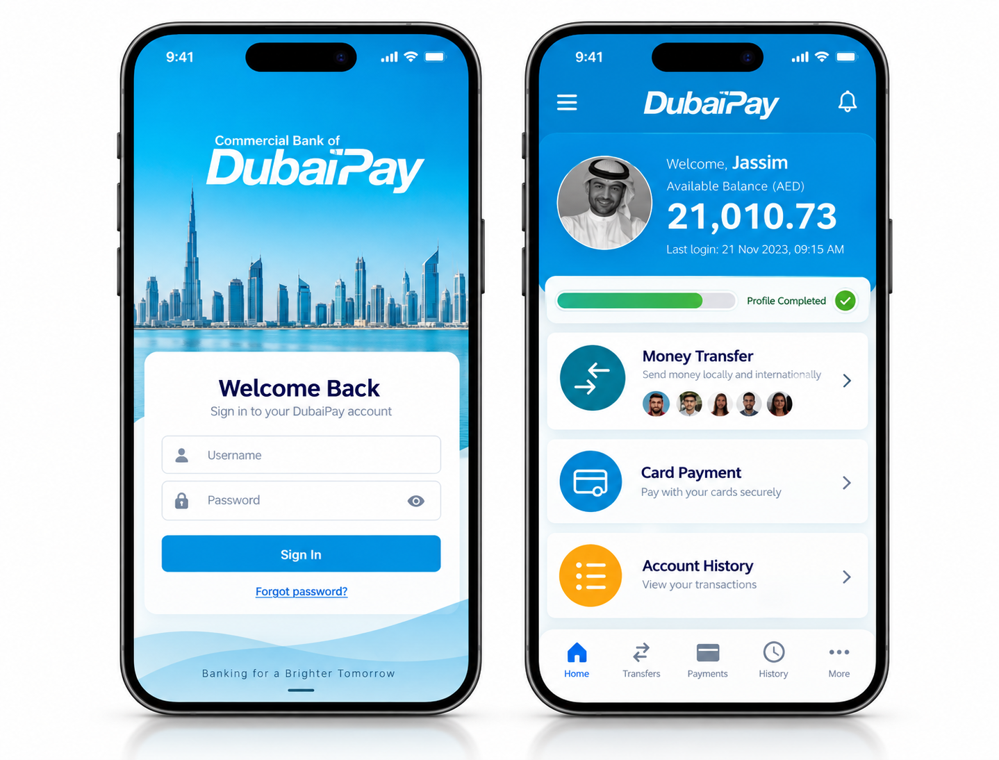Commercial Bank of Dubai DubaiPay app shown on two smartphones