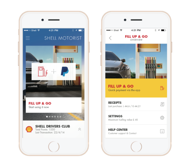 Shell Motorist mobile app screens showing Fill Up & Go