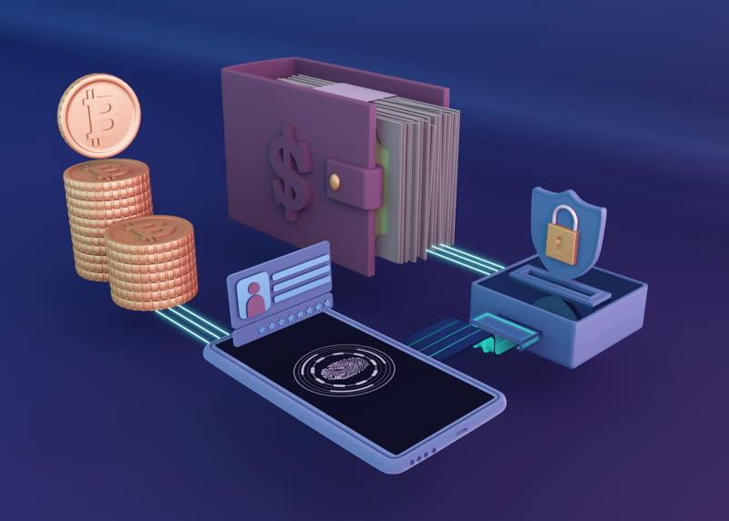 3D illustration of a wallet, coins, ID card and secured phone