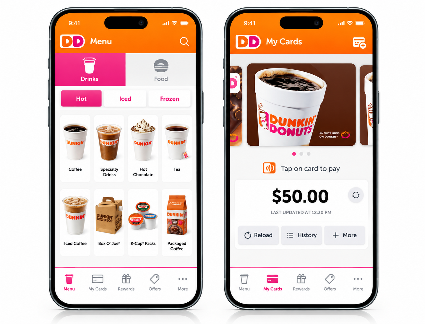 Dunkin' Donuts mobile app showing the menu and My Cards screens