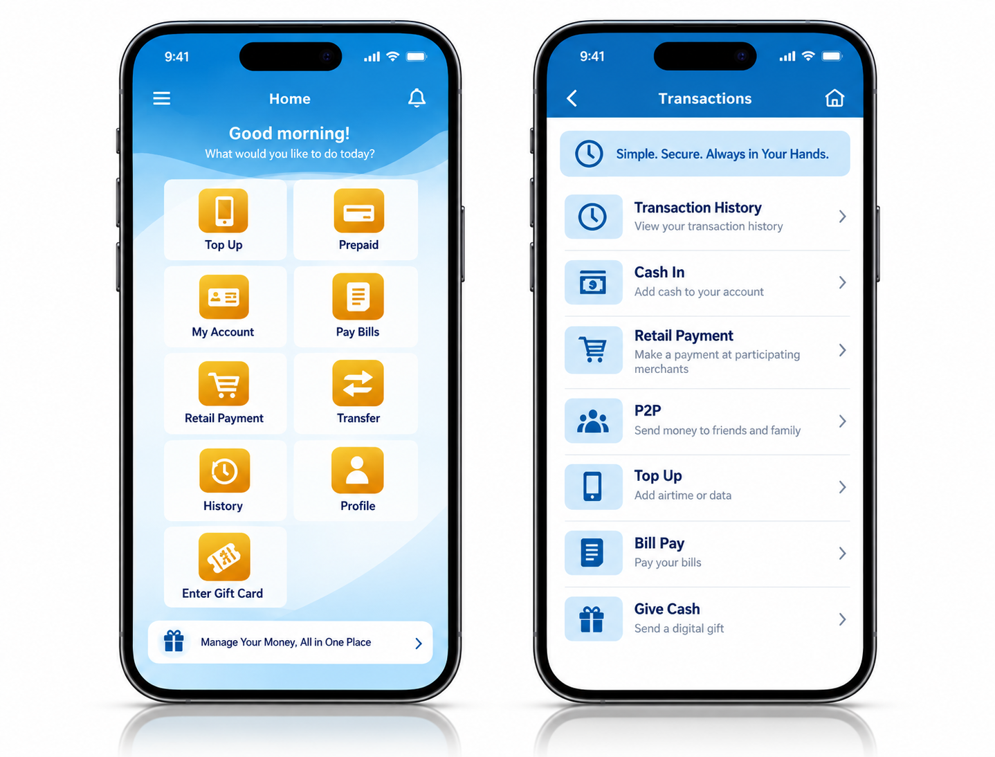 Conec Mobile Wallet home dashboard and transactions screens