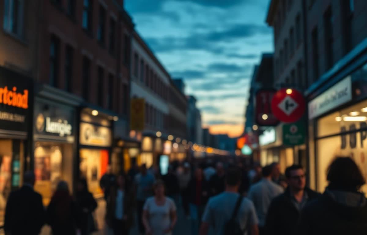 Shoppers on an illuminated city high street at dusk