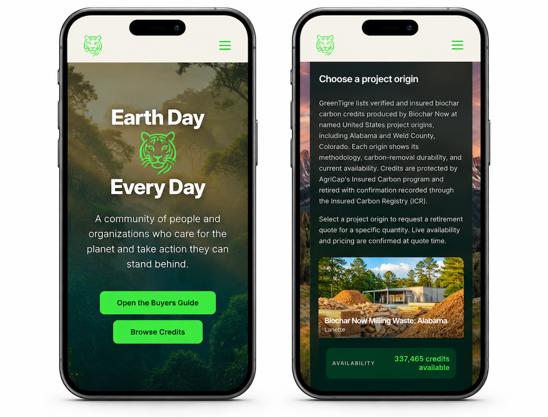 Green Tigre mobile app shown on two smartphones