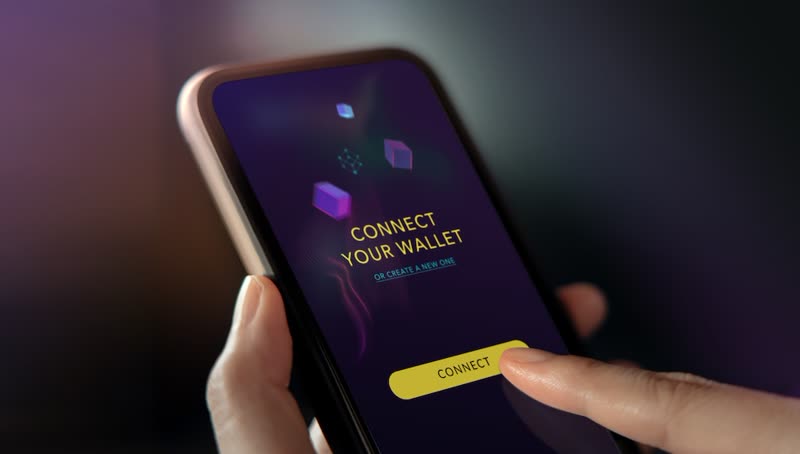 Hand holding a phone showing a connect your wallet screen