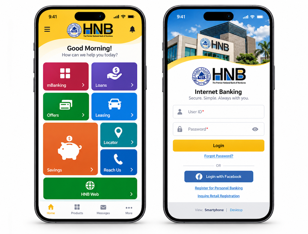 HNB Bank mobile banking home dashboard and internet banking login screens