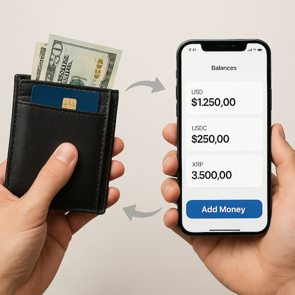 Hand holding a wallet with cash beside a phone showing wallet balances