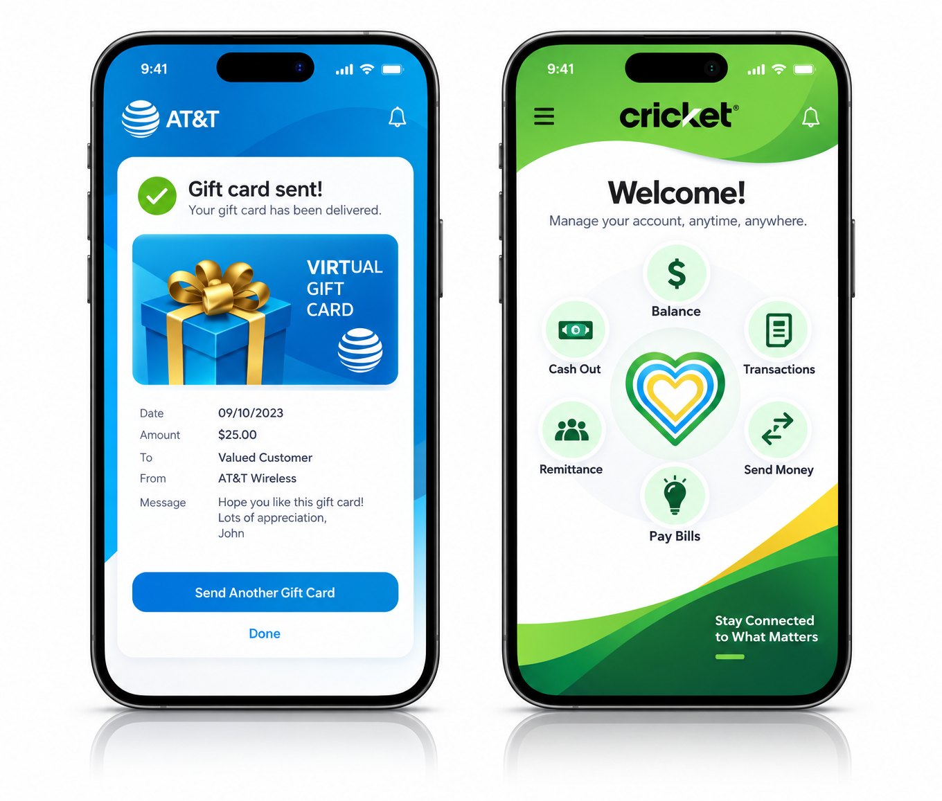 AT&T and Cricket mobile wallet screens showing gift card and account dashboard